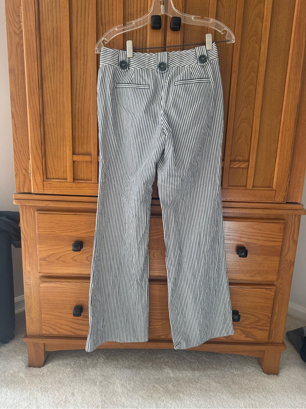 Tory Burch Navy and White Striped Pants with Signature Orange Trim
